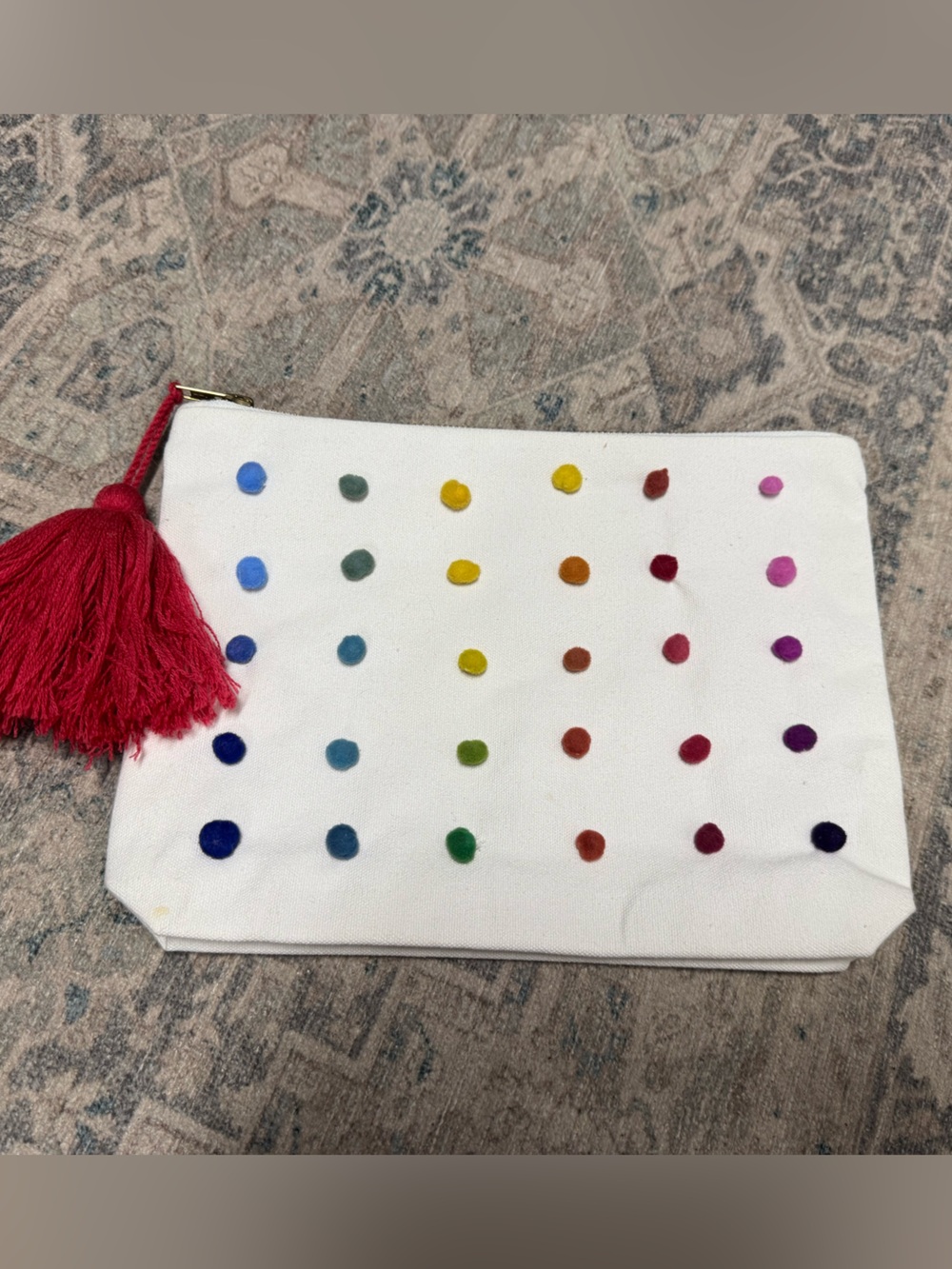 White Canvas Rainbow Dot Cosmetic Pouch with Red Tassel by Paper Source